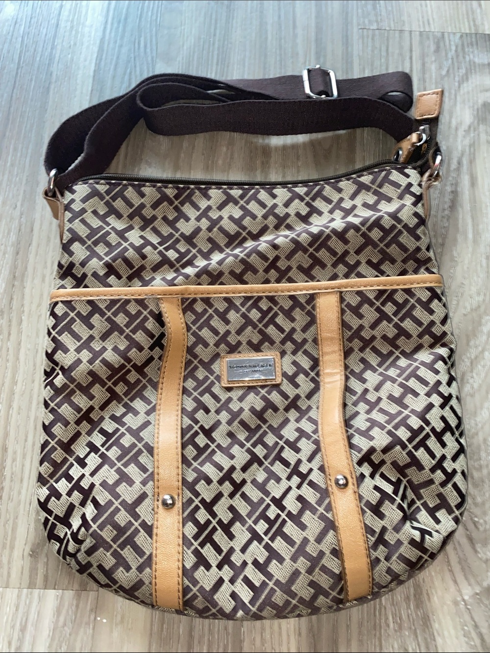 Tommy Hilfiger Brown Logo Patterned Crossbody Bag with Tan Faux Leather Trim